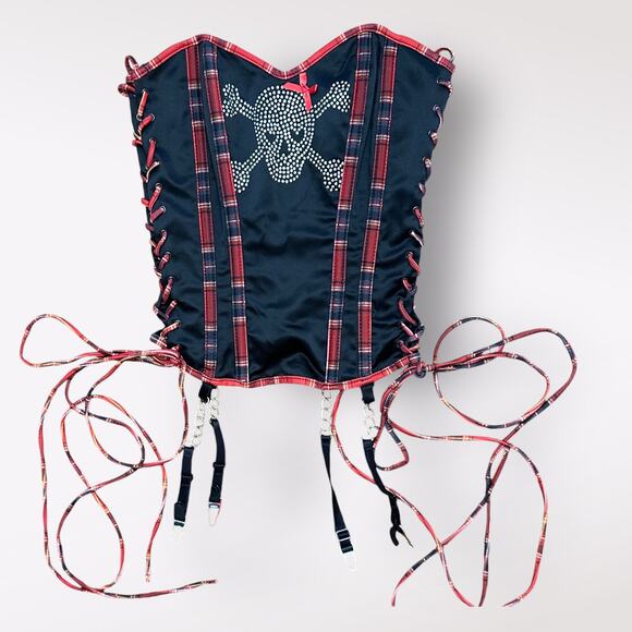 100% Babe y2k punk‎ Black and Plaid Sequined Skull Bustier Corset Top Size 34 - Picture 1 of 7
